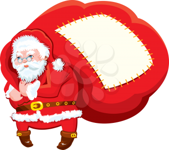 Cartoon Santa Claus with huge sack full of gifts - Christmas and New Year illustration isolated on white background. Empty space for text.