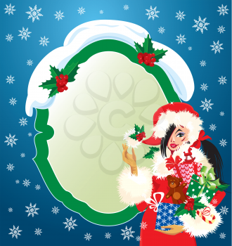 Brunette Christmas Girl wearing Santa Claus suit and carrying christmas presents and gifts on dark blue background with snowflakes. Oval frame for text.