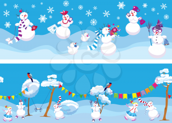 Set of 2 Horizontal seamless backgrounds with cute snowmen for Christmas and New Year Holidays design.