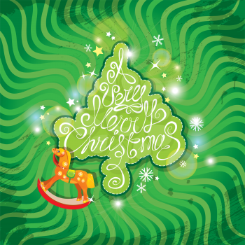 Christmas and New Year card with wooden rocking horse toy and fir tree shape with hand written text A Very Merry Christmas on green background. 