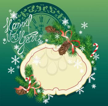 New Year background - fir tree branches and pine cones - frame on dark green background with clock