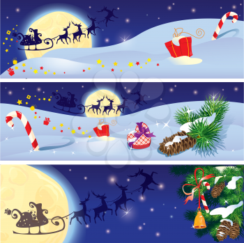 Set of Christmas and New Year horizontal banners with flying reindeers on sky background with fir tree branches and presents. 