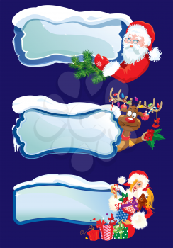 Set of horizontal banners with snowdrifts and icicles with Santa Claus, reindeer and Sexy girl peeking round from behind glossy winter frames.  Images for Christmas and New Year design