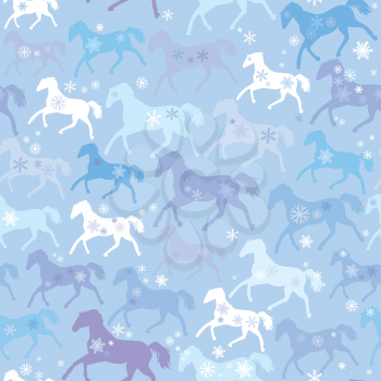 Seamless pattern with wild horses and snowflakes on winter light blue background