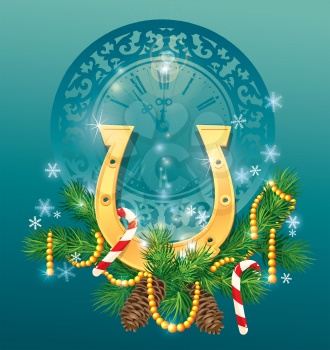 christmas and new year background with golden horse shoe - symbol 2014.