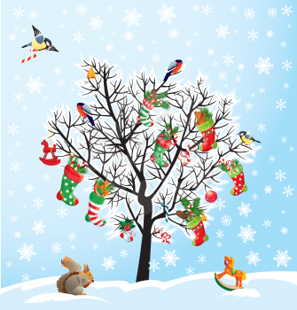 Winter tree with birds, squirrel, Xmas shoes, candies and presents. Christmas and New Year card.