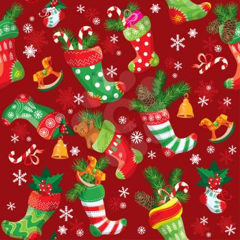 X-mas and New Year background with Christmas stockings. Seamless pattern for holiday design.
