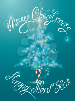 Shining abstract  xmas fir tree is made of sparkles and lights on blue background. Handwritten calligraphic text Merry Christmas and Happy New Year.