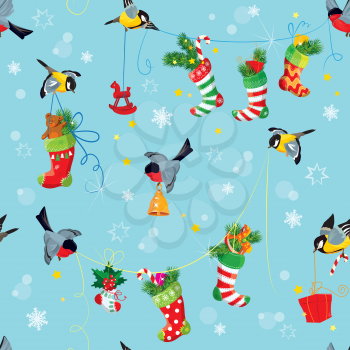X-mas and New Year background with Birds holding Christmas stockings, gifts and presents. Seamless pattern for winter holiday design.