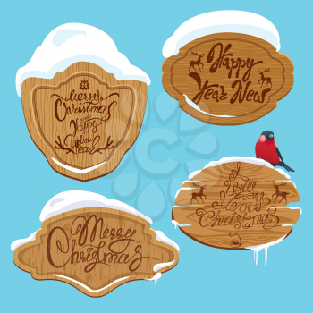 Set of Wooden frames with snow and handwritten calligraphic text Merry Christmas and Happy New Year, design elements for winter holidays. 