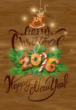 Holiday greeting Card with xmas gingerbread, candy and fir-tree branches. Hand written calligraphic text Merry Christmas and Happy New Year on wooden background. 2016 year symbol in gingerbread shape.