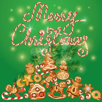 Greeting holiday Card of xmas gingerbread - cookies in angel, star, house, horse, reindeer and fir-tree branches. Hand written candy calligraphic text Merry Christmas on green background.