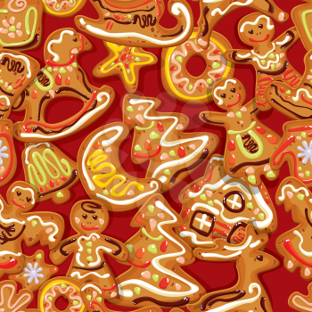 seamless christmas pattern - xmas gingerbread - cookies in reindeer, peoples, star, moon, house and fir-tree shapes. 