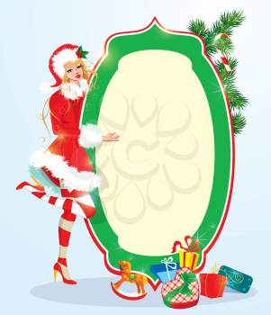 Blond xmas Girl wearing Santa Claus suit staying next to frame. Christmas and New Year card design.