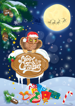 Christmas and New Year card with flying reindeers on sky background with owl, wooden frame, fir tree branches and presents. 