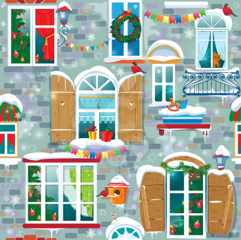 Seamless pattern with decorative Windows in winter time. Christmas and New Year holidays City endless background. 