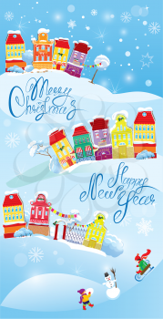 Card with small fairy town on light blue sky background with decorative colorful houses in winter time. Image for Christmas and New Year design