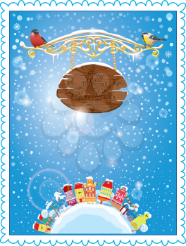 Christmas and New Year holidays card with small fairy town on light blue sky background with decorative colorful houses in winter time.