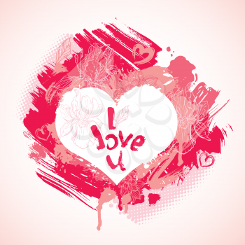 Heart is made of brush strokes and blots and handwritten text I love you - card in grunge style for Valentines Day design.