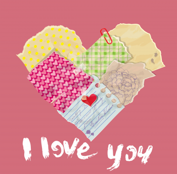 Scrapbooking Heart is made of Vintage Old Paper pieces and grunge handwritten text I love you. St Valentine's day design.
