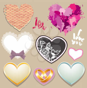 Set of paper, lace, metall hearts. Elements for Valentine`s Day or Wedding Design 
