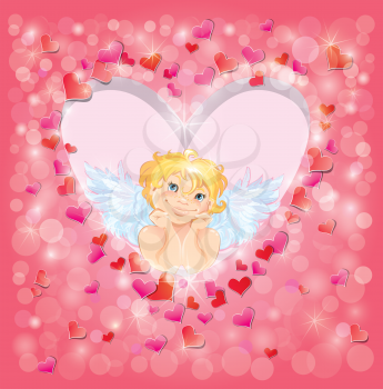 Cute angel in the heart shape frame edged of red paper hearts confetti and lights. Valentines Day card design. 