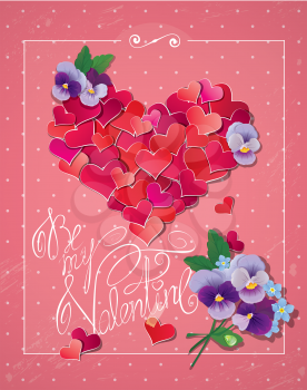 Valentine's day card with Red hearts confetti in big heart shape, violet flowers and handwritten text Be my Valentine on pink polka dots background