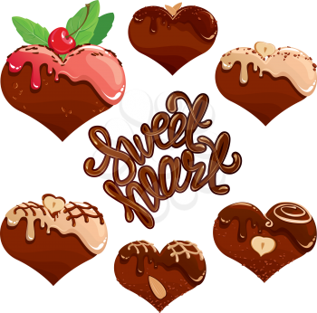 Set of Chocolate hearts in white and dark chocolate and strawberry glaze. Calligraphic text Sweet Heart. Elements for Valentines day design (card, menu, etc.)