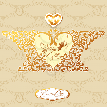 Wedding invitation card with floral elements, frame in heart shape, vignette, calligraphic handwritten text, angel, rings on beige and gold background.