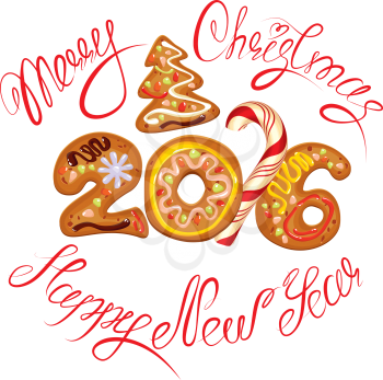 Hand written calligraphic text Merry Christmas and Happy New Year 2016 in gingerbread shape, isolated on white background. Year number as cookies. Winter holidays design element for cards, invitation.