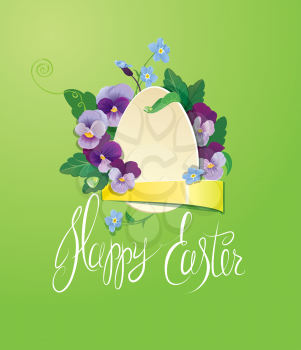 Easter greeting card with paper egg, ribbon, forget me not and pansy spring flowers