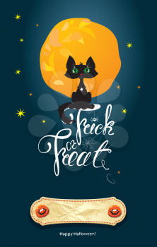 Halloween night: cat on moon and sky background. Card with calligraphic text Happy Halloween and Trick or Treat and empty space to write the name of person for whom this card is.