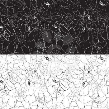 Set of 2 Halloween seamless patterns with web and spiders on black and white backgrounds. Ready to use as swatch
