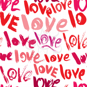 Seamless pattern with brush strokes and scribbles, words LOVE - Valentines Day Background in grunge style.