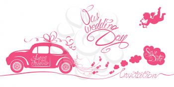 Funny pink wedding card with retro car dragging cans, angel and calligraphic texts - Our wedding day, Save the Date, Invitation.