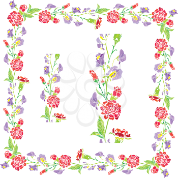 Set of ornaments - decorative hand drawn floral border and frame with sweet pea and clove flowers, isolated on white background.