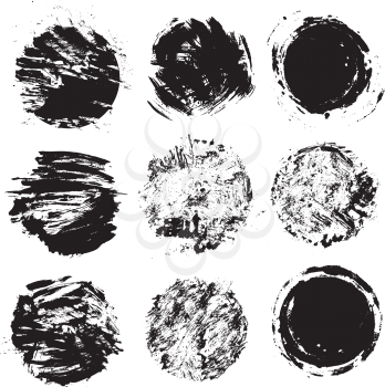 Set of  grunge black color figures - circles, round frames. Isolated on white background.