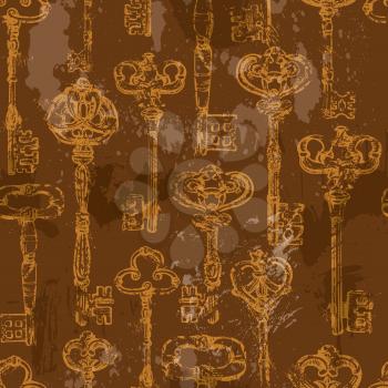 Seamless pattern with golden Antique Vintage Keys in grunge style on brown background.