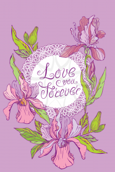 Card with round lace frame and orchid flowers on purple background. Handwritten calligraphic text Love you Forever. Design for Wedding, Happy Valentines Day Holidays, Vintage style.