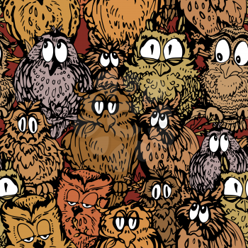 Seamless pattern with cute owls on branch. Hand drawn background.