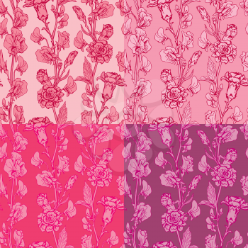 Seamless pattern with Realistic graphic flowers - clove and sweet pea - hand drawn background in red, pink and purple colors.