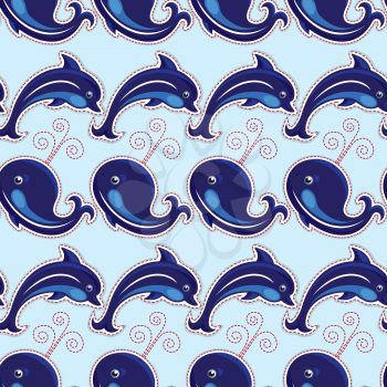 Seamless pattern with whales and dolphins - ornamental background.