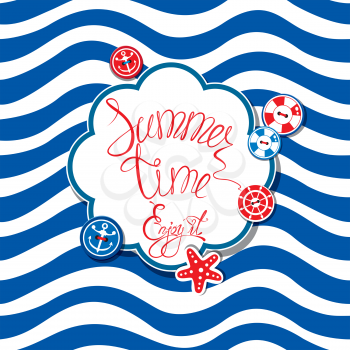 Card with buttons and frame on stripe background. Round frame with calligraphic words Summer Time! Enjoy it!
