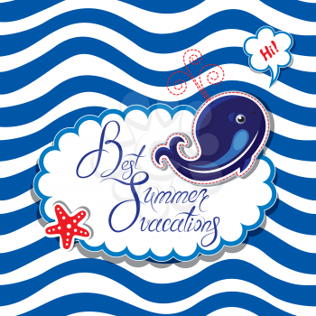 Funny Card with blue whale on striped background. Oval frame with calligraphic words Best Summer Vacations