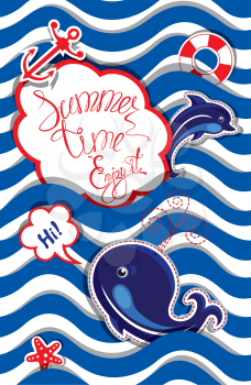 Funny Card with blue whale and dolphin on striped background. Round frame with calligraphic words Summer Time! Enjoy it!