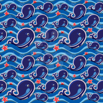 Seamless pattern with whales and sea stars - summer background.