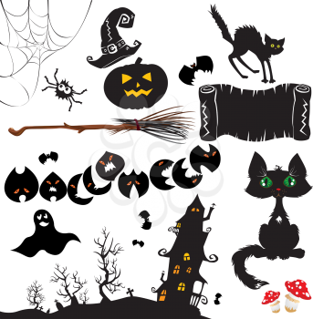 Set of  Halloween elements - pumpkin, bats, ghost, cat, mystery house and other terrifying things