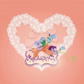 Vintage card, calligraphic text Happy Valentines Day. Bouquet of beautiful pansy and forget me not flowers, lace heart, bow and frame on pink background.