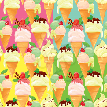 Set of seamless patterns with Ice cream cones with glaze, Chocolate, strawberry and cherry, on pink, blue, green, yellow backgrounds.