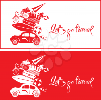 Set of Seasonal cards with small and cute retro travel car with luggage, red and white colors. Calligraphic handwritten text Let`s go travel. Element for summer greeting cards, posters and t-shirts pr